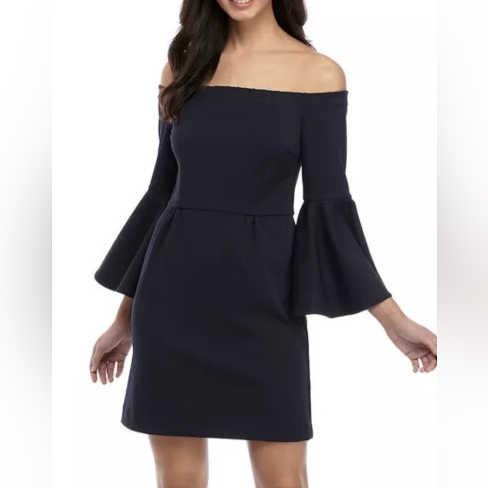 Trina Turk off the shoulder black mini dress, size 2